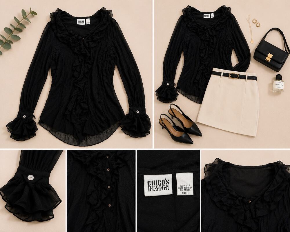 Vintage Silk Ruffle Blouse Romantic Y2K Quiet Luxury Victorian Black Size 1